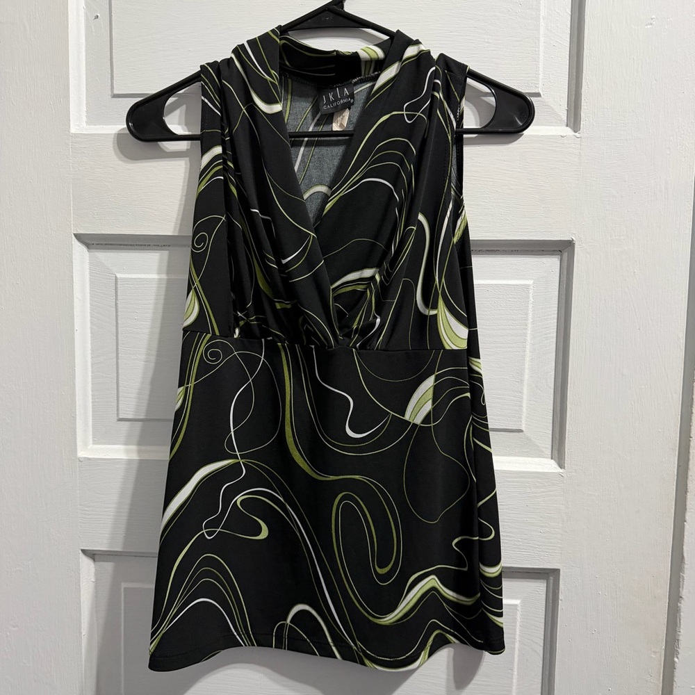 JKLA California Black Sleeveless Cowl Neck Blouse with Olive & White Swirls - Picture 2 of 5
